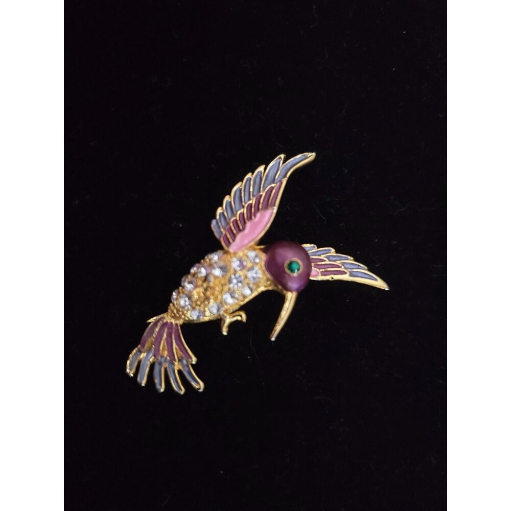 Vintage Hummingbird Brooch With‎ Rhinestones & Enamel